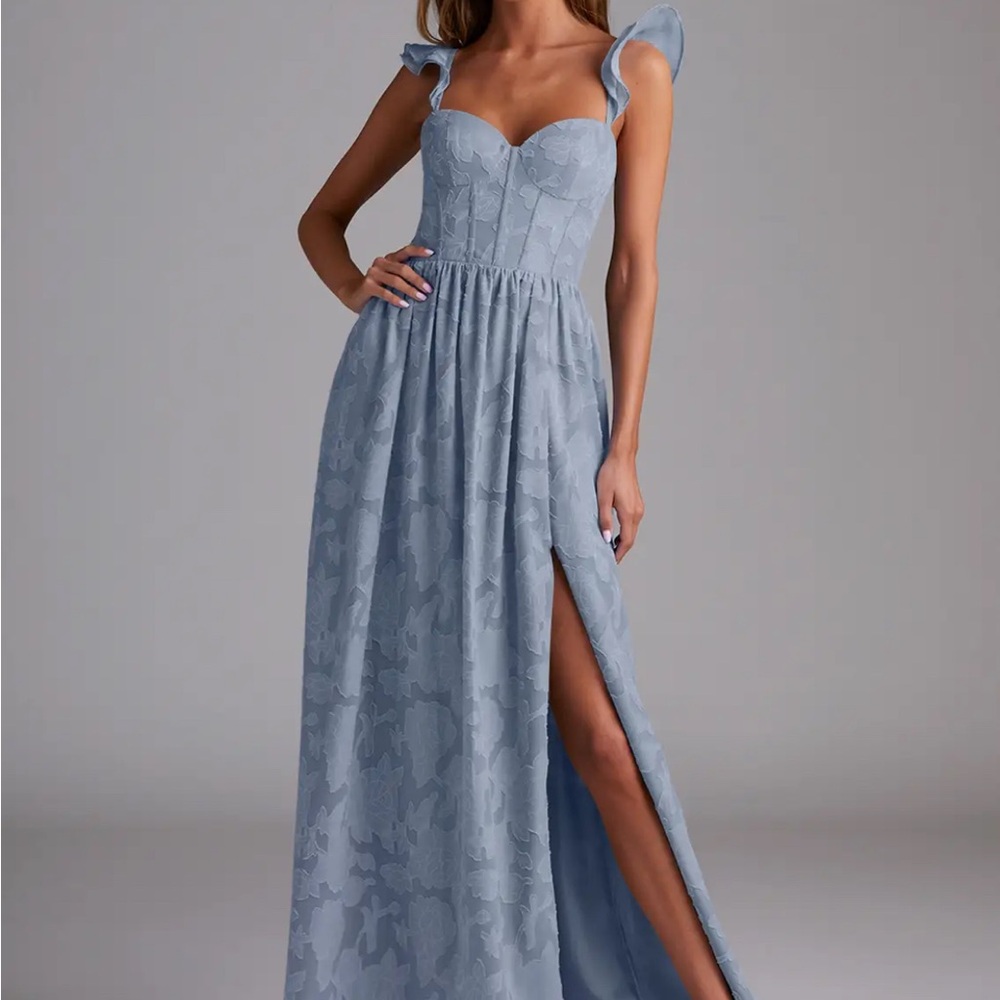 Azazie Dennise Dusty Blue floral burnout Maxi Dress with Ruffle Sleeves